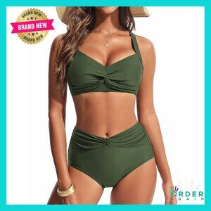 High Waisted Bikini Set Tummy Control Push Up Twist Front Swimwear
